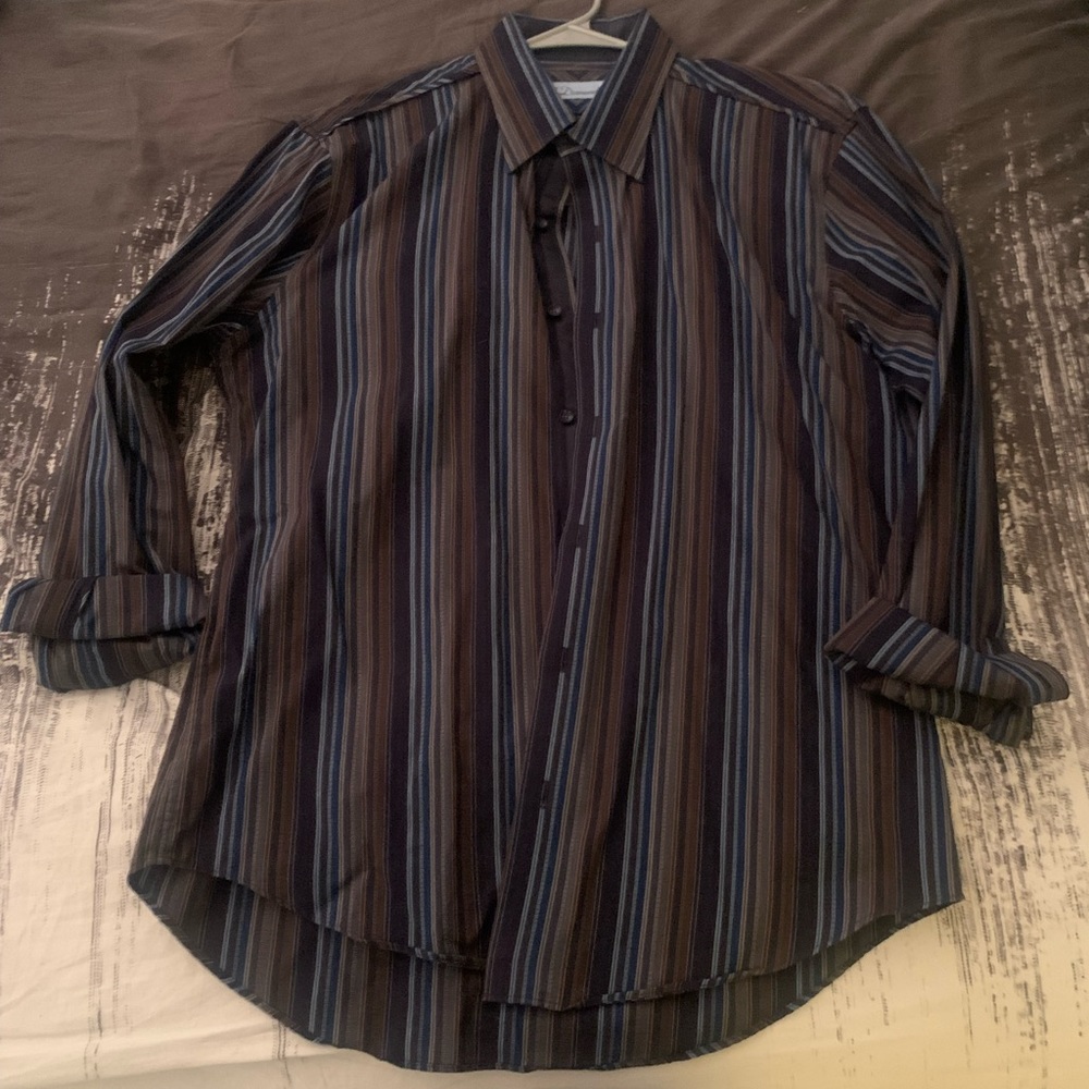 7 Diamonds Dress Stripes Blue & Brown Men’s Dress Shirt